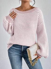 SHEIN LUNE Women Casual Contrast Color Stripe Bell Sleeve Knit Sweater, Autumn/Winter,Long Sleeve Tops,Off The Shoulder Sweater