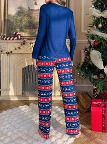 CoupledUp Reindeer Print Loose Long Sleeve Top & Pants Pajama Set For Women, For Christmas, Fall Winter Clothes - Blue - View 2