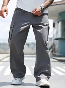 Manfinity Homme 大码男士休闲抽绳腰实用工装裤，秋季外出纯色长款休闲直筒浅灰色裤子，适合丈夫、男朋友的礼物，秋季 - 灰色 - 查看 3