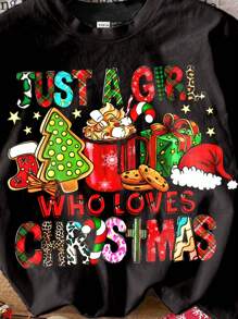 SHEIN Tween Girls' Simple Black Short Sleeve Crew Neck T-Shirt With Christmas Santa, Gingerbread Prints, Suitable For Spring Summer - Black - View 3