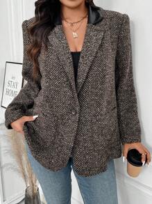 SHEIN LUNE 大码拼色翻领休闲西装外套，秋冬 - 彩色 - 查看 6