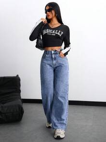 SHEIN EZwear 女士宽松休闲口袋阔腿牛仔裤 - 中等水洗藍 - 查看 3