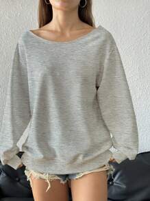 SHEIN EZwear 大码花卉印花露肩宽松长袖女式运动衫，秋冬季 - 淺灰色 - 查看 5