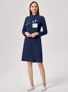 TaskEZ Multiple Pocket Minimalist Nurse Stand Collar Long Sleeve Pocket Dress - Navy Blue - View 5