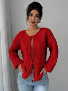 Chiquease Casual Solid Color Front Tied Design Long Sleeve Cardigan, Autumn For New Year Clothes - Red - View 3
