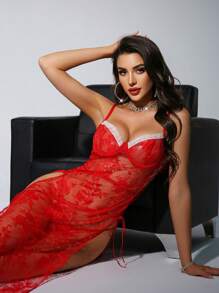 圣诞梦幻优雅女士性感舒适蕾丝睡裙+丁字裤两件套