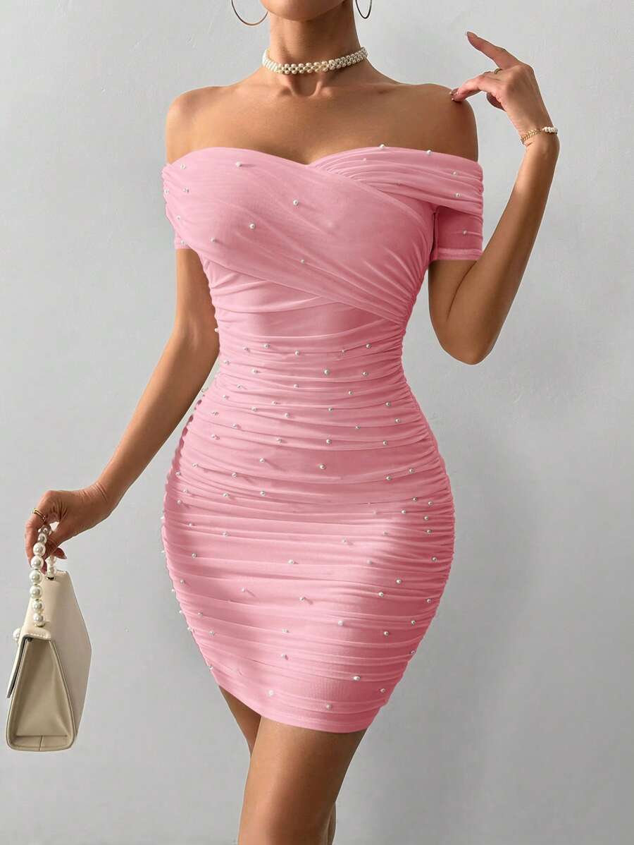 Firerie Women's White Open Shoulder Short Sleeve Bubble Faux Pearl Fitted Dress,Pastel Dresses For Women - Pink - View 1