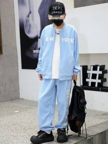 2 件套青少年男孩字母印花拉链连帽衫，带口袋和羊毛裤 - 藍色 - 查看 6