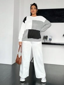 SHEIN EZwear Áo nỉ dáng rộng màu khối lớn thả vai cho thường ngày, mùa thu - Xám - Xem 5