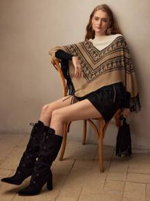 MOTF PREMIUM 人字形图案撞色流苏下摆斗篷毛衣 - 彩色 - 查看 4