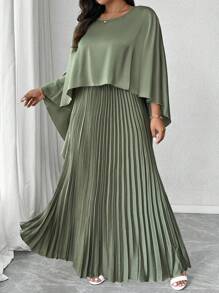 Elenzga 大码宽松 V 领斗篷上衣 + 缎面褶皱长裙两件套，优雅出游和聚会之选