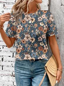 EMERY ROSE 女士休闲复古碎花圆领短袖T恤，适合夏季和秋季外出休闲穿着。 - 藍色 - 查看 6