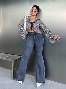 SHEIN ICON Plus Size Front Button Simple Flared Jeans, Casual Daily Wear