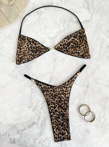 SHEIN Swim 豹纹性感挂脖系带比基尼套装（含丁字裤）女式夏季 - 彩色 - 查看 4