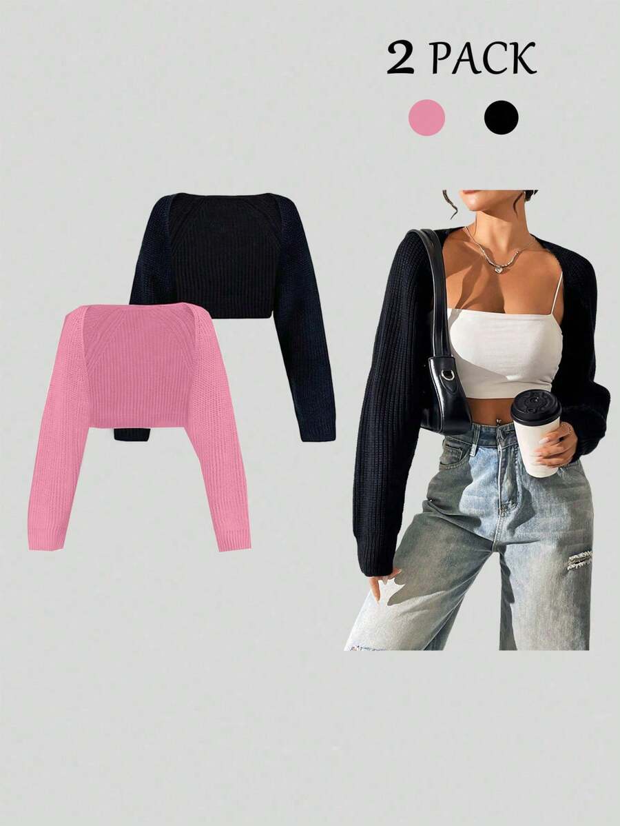 SHEIN PETITE 1 chiếc áo len cardigan ngắn tay dài màu trơn đơn giản, rộng rãi cho nữ, đa năng cho mùa thu - Nhiều màu - Xem 1