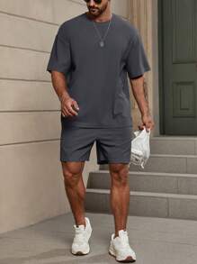 Manfinity Homme Loose Fit Men's Solid Tee & Drawstring Waist Shorts, Cozy Outfits - Grey - View 4