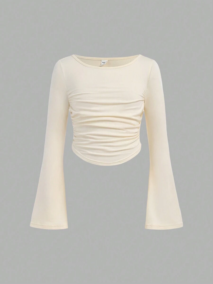 SHEIN Girlism Camiseta de manga larga casual ajustada de cuello redondo con manga abullonada y tabla de volantes para niñas preadolescentes - Blanco - Ver 1