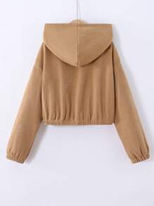SHEIN Tween Girls Relaxed Casual Minimalist Comfortable Corduroy Lined Hooded Warm Jacket - Khaki - View 2