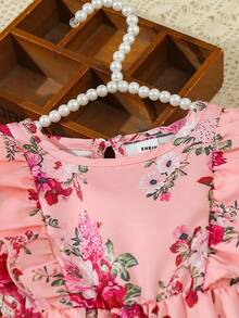 SHEIN Váy dài tay cổ bèo xếp nếp in hoa mùa thu đông cho bé gái - Hồng - Xem 7