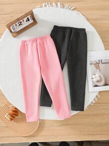 SHEIN 2 件套年轻女孩纯色厚羊毛松紧腰宽松紧身裤，秋冬 - 彩色 - 查看 2