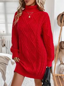 SHEIN LUNE 2024 Fall/Winter New High Collar Cable Knit Sweater Women, Vintage Oversized Thick Pullover Midi-Length - Burgundy - View 1