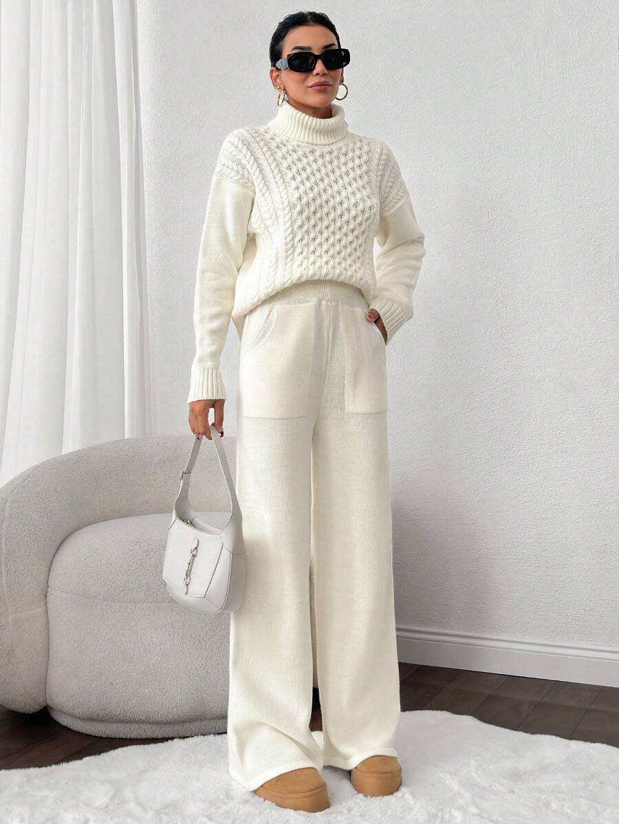 EURMUSE 2pcs Women Set: Solid Color High Neck Raglan Loose Cable Knit Sweater & Loose Straight Pocket Sweatpants - Beige - View 1