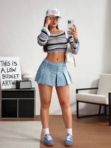 SHEIN EZwear 女士时尚性感流苏褶皱牛仔迷你裙，夏季 - 藍色 - 查看 4