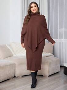 Mulvari Plus Size Solid Color High Neck Poncho Sweater & Skirt Set For Autumn/Winter, Fall Clothes - Coffee Brown - View 1