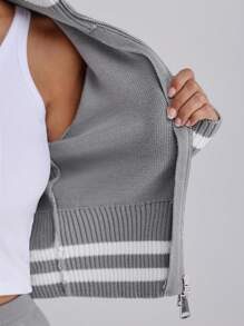 Forever 21 Simple Plain & Zip Front Long Sleeve Top, Casual Everyday Wear - Grey - View 6