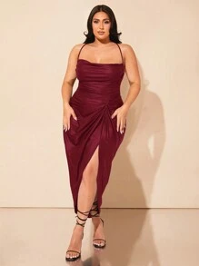SHEIN BAE 加大码秋季弹力PU皮革垂坠领高开叉细肩带优雅性感连衣裙，适合万圣节和优雅约会 - 酒紅色 - 查看 6