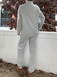 Slaydiva Women Casual High Collar Zip Half-Placket Loose Long Sleeve Fleece Sweatshirt And Long Sweatpants Set, Suitable For Autumn/Winter