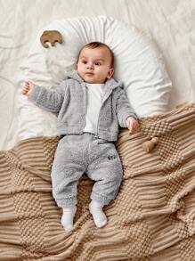 SHEIN 新生男童/女童可爱刺绣字母连帽夹克和裤子 2 件套，秋冬 - 淺灰色 - 查看 11
