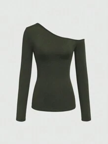 INAWLY 女士休闲不对称领长袖纯色 T 恤 - 軍綠色 - 查看 1