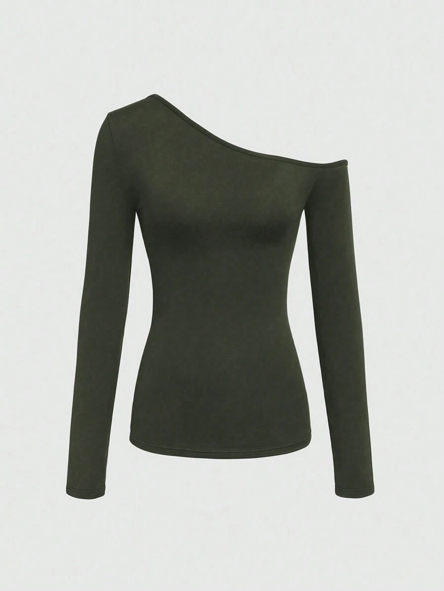 INAWLY 女士休闲不对称领长袖纯色 T 恤 - 軍綠色 - 查看 1