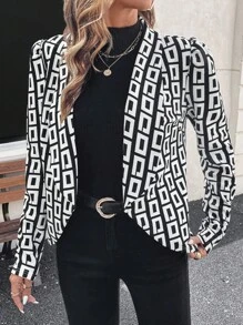 SHEIN Clasi 1 pieza Chaqueta para mujer con cintura ceñida, patrón geométrico, cuello asimétrico y bajo asimétrico - Blanco y Negro - Ver 5