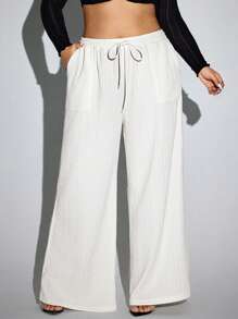 SHEIN SXY Plus Size Casual Solid Color Drawstring Waist Wide Leg Pants, Autumn - White - View 1