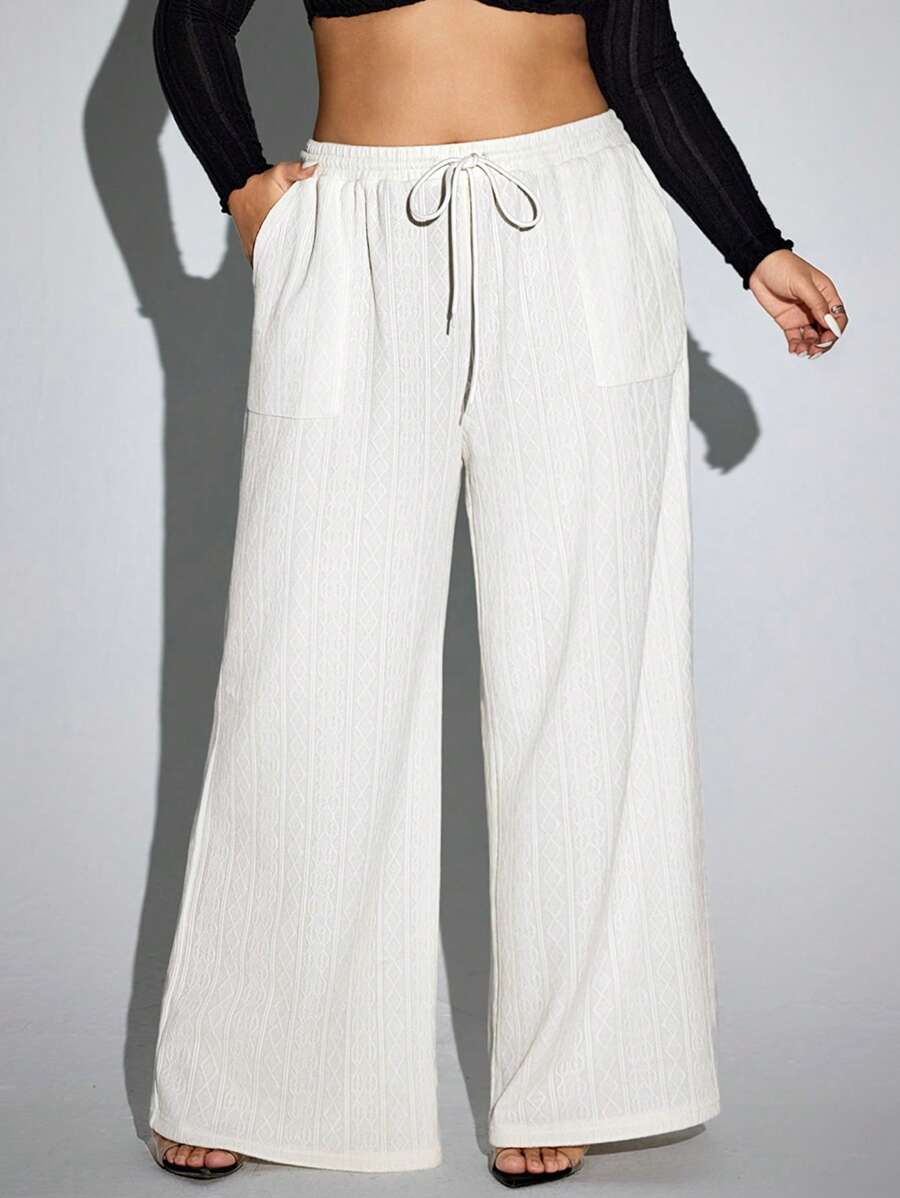 SHEIN SXY Plus Size Casual Solid Color Drawstring Waist Wide Leg Pants, Autumn - White - View 1