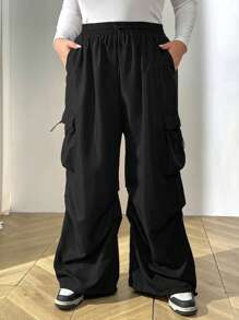SHEIN CURVE+ Pantalones cargo de talla grande de unicolor casual con cordón en la cintura