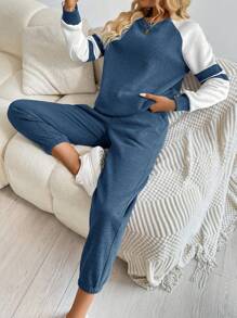 SHEIN LUNE Bộ 2 quần nỉ và áo len chắp vá màu tương phản thường ngày cho nữ, Thu/Đông - Màu xanh bụi bặm - Xem 6