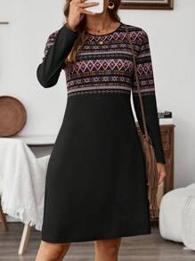 EMERY ROSE 女士休闲长袖拼布几何印花连衣裙，适合秋季 - 黑色 - 查看 4