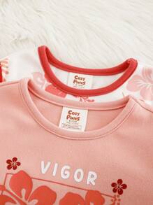 Cozy Pixies 4 件套男婴舒适睡衣套装，植物与花卉印花柔软针织短袖上衣和短裤 - 薑色 - 查看 9