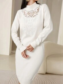 Modelyn Váy len chắp vá ren trơn màu thanh lịch dành cho nữ, mùa thu/đông - Màu be - Xem 1