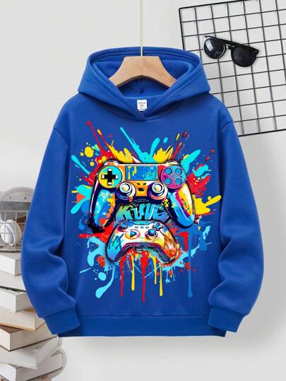 SHEIN Tween Boys Casual Simple Cartoon Pattern Long Sleeve Hooded Sweatshirt, Suitable For Autumn And Winter