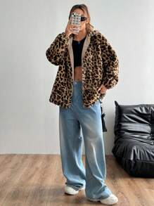 SHEIN Unity Women's Autumn/Winter Fashion Leopard Print Fleece Hoodie - Khaki - View 4