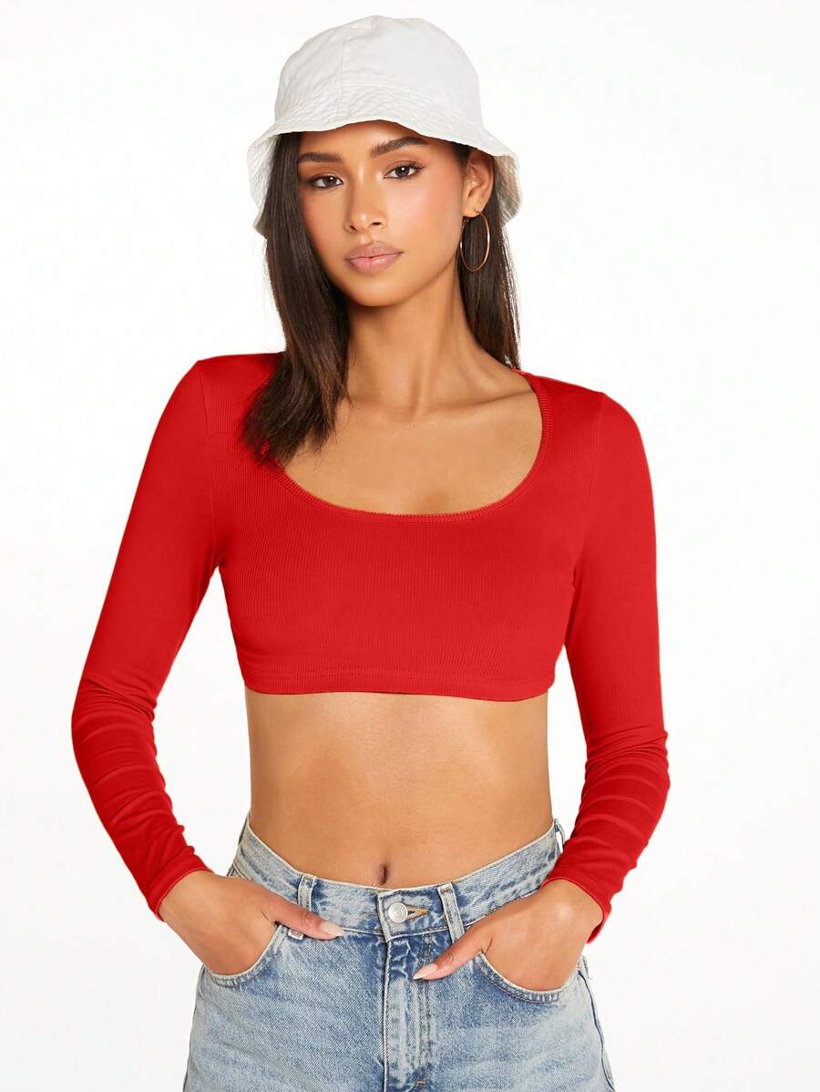 SHEIN BASICS 女式纯色圆领长袖短款休闲 T 恤，新年 - 紅色 - 查看 1