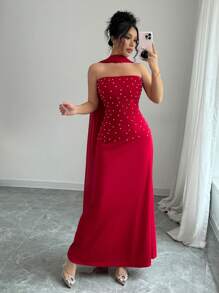 Rafferiza Elegancka czerwona sukienka na imprezę świąteczną, długa suknia z odkrytymi ramionami i odpinanym trenem na noworoczne ubrania Maxi dla kobiet