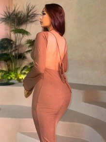 INAWLY Women's Solid Color Open Back Long Sleeve Maxi Knit Sweater Dress, Autumn Winter Fall Cloth For Women - Brown - View 2