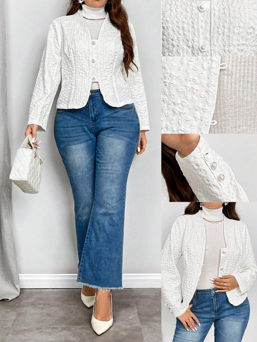 SHEIN Privé جاكيت كارديجان قطعة واحدة ذات رقبة على شكل حرف V نسيج منسوج أساسي أنيق بمقاس كبير - أبيض - مشاهدة 1