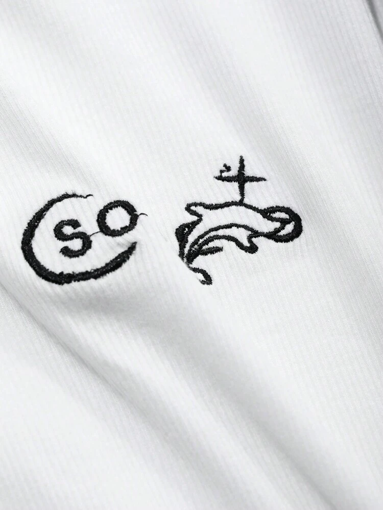 Women Autumn Casual Daily High Collar Raglan Sleeve Letter Embroidered Fitted T-Shirt