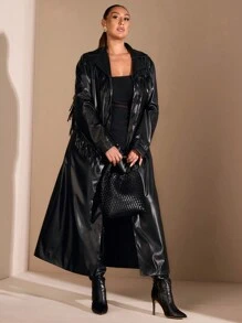 SHEIN BAE 大码女式秋冬长袖时尚百搭西部风流苏仿皮PU风衣 - 黑色 - 黑色 - 查看 2
